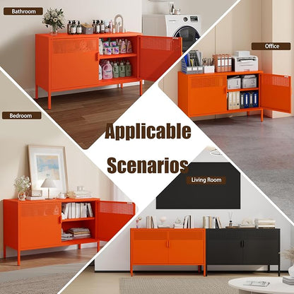 Metal Storage Cabinet with 2 Doors & Adjustable Shelves, 25" H Orange Accent Cabinet, Metal Locker Storage Cabinets, Tv Stand Cabinet for Home, Office, Living Room, Entryway