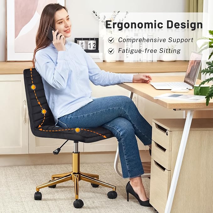 Furniliving Home Office Desk Chair, Armless Desk Chair with Wheels Soft Velvet Adjustable Height, Comfy Computer Rolling Chairs with Gold Metal Base Stool,Black