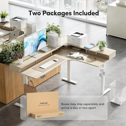 CubiCubi 63x48 Inches L Shaped Standing Desk with 3 Drawers and Monitor Shelf, Height Adjustable Corner Computer Desk with Hooks, Sit Stand Up Ergonomic Home Office Workstation Table, Light Walnut