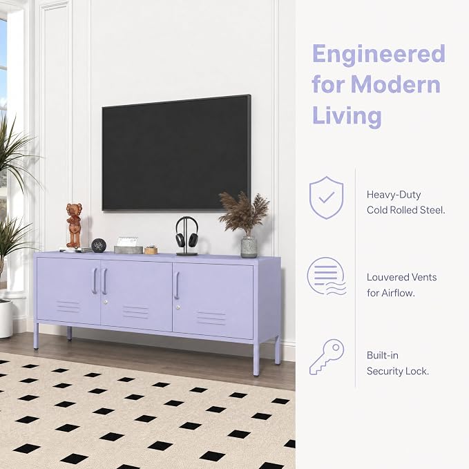 Purple TV Media Stand for 100" TV, 3 Door Metal Accent Cabinet with Removable Shelves, Steel Storage Locker for Living Room Bedroom, Lockable Door, 22" H X 47.3" W X 13.8" D