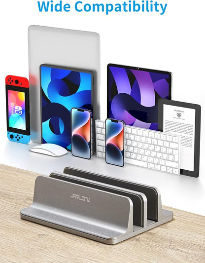 JARLINK Vertical Laptop Stand Holder, Aluminum Double Desktop Stand Holder with Adjustable Dock (Up to 17.3 inch), Compatible with MacBook, Surface, Chromebook, and Gaming Laptops, Grey