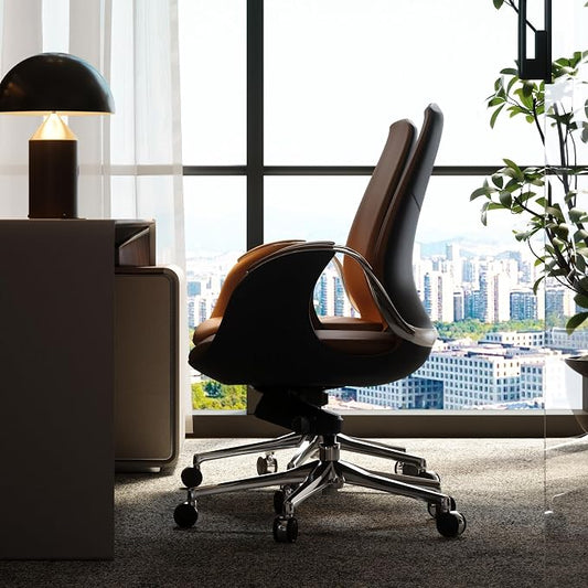 TOMU Genuine Leather Executive Office Chair, Executive Guest Chair, Mid Back Comference Office Chair for Office Comference Room Table,Swivel with Wheels, (Brown)