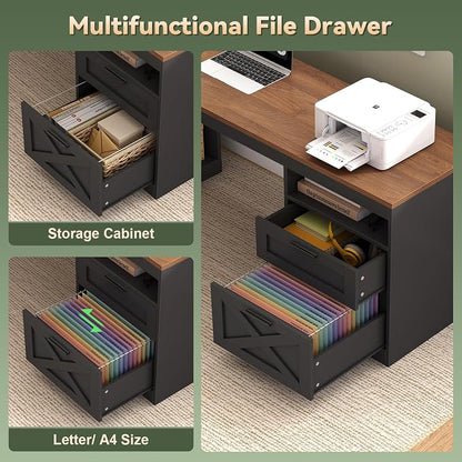 YOMILUVE Farmhouse L Shaped Standing Desk, 66 inch Corner Electric Standing Desk with Drawers ＆ Storage Shelves, Height Adjustable Computer Desk with Power Outlets for Home Office (Black and Brown)