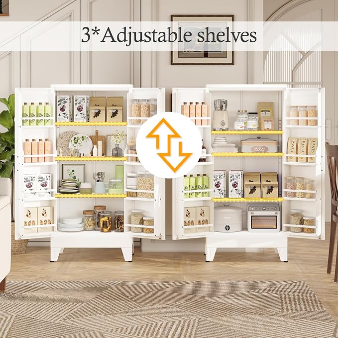 White Pantry Storage Cabinet, 48" Kitchen Pantry with Doors and 3 Adjustable Shelves, Metal Freestanding Buffet Cupboards Sideboard, for Office, Home, Garage, School