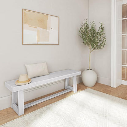 Plank+Beam 60 Inch Farmhouse Dining Bench, Solid Wood Entryway Bench, Wooden Outdoor Bench, Kitchen Dining Seat, Dining Room, Home Office, Living Room Furniture, Easy Assembly, White Wirebrush