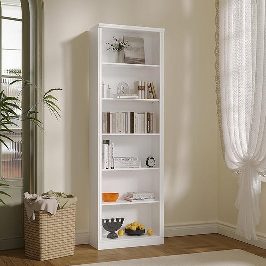 Thacuok White Bookshelf, 75" Tall Bookcase, 6 Tier Adjustable Storage Shelves, Book Shelf with Anti-Tipping Device, Floor Standing Modern Display Rack for Living Room, Bedroom, Office