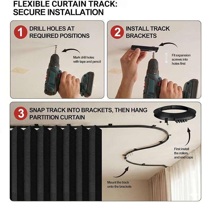 JILRON Accordion-Style Room Divider with Ceiling Track - Foldable Partition Curtain, Easy Installation(Black 180" W x 108" L-Pack of 1)