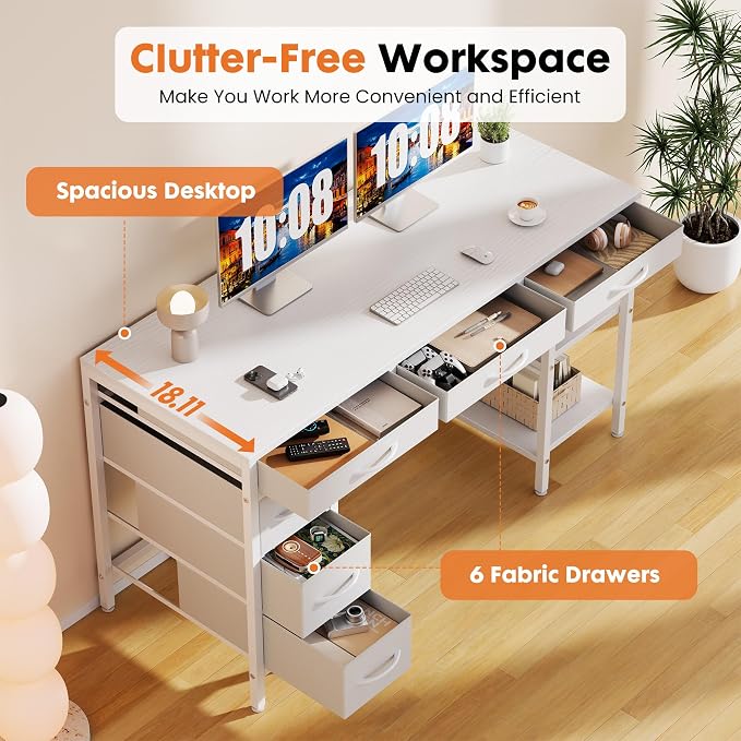 OLIXIS Computer Desk with 6 Drawers, 55 inch Office Workstation with Storage Shelves, Reversible Gaming Setup, Corner Table with Storage Drawers, Work for Home Office, Study, Living Room, White
