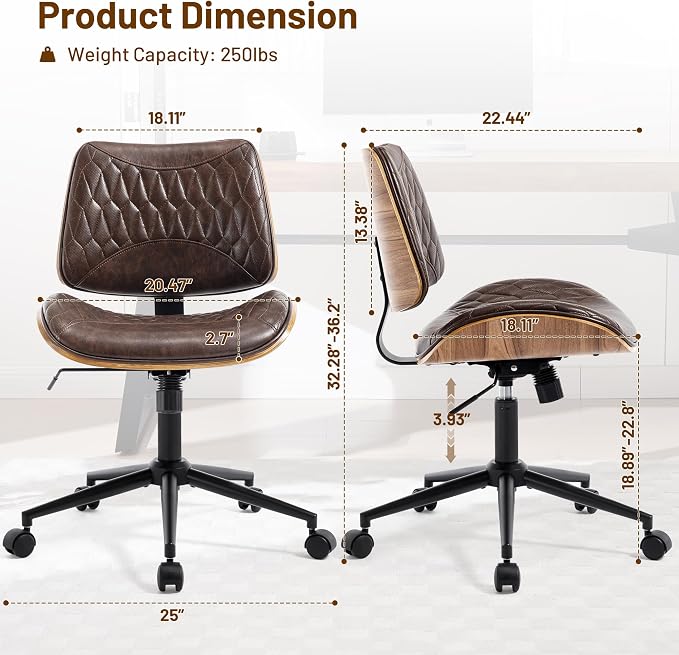 Walnut Bentwood Mid Back Armless Office Chair 1 Pack, Adjustable Height PU Leather Swivel Desk Chair with Wheels, Rolling Computer Task Chair for Home Office, Study, Meeting Room