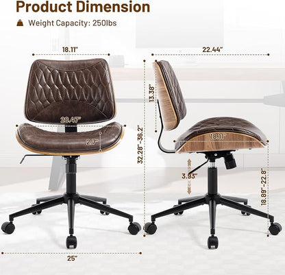 Walnut Bentwood Mid Back Armless Office Chair 1 Pack, Adjustable Height PU Leather Swivel Desk Chair with Wheels, Rolling Computer Task Chair for Home Office, Study, Meeting Room