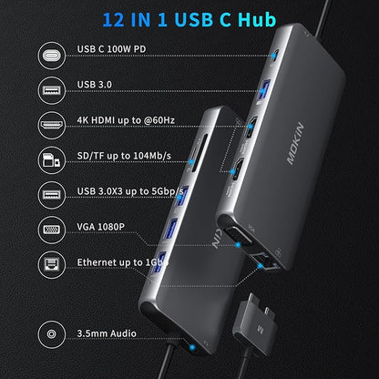 MacBook Pro Docking Station Dual Monitor HDMI Adapter,12 in 1 USB C Adapters for MacBook Pro Air Mac HDMI Dock Dongle Dual USB C to DualHDMI VGA Ethernet AUX 4USB SD/TF100W PD