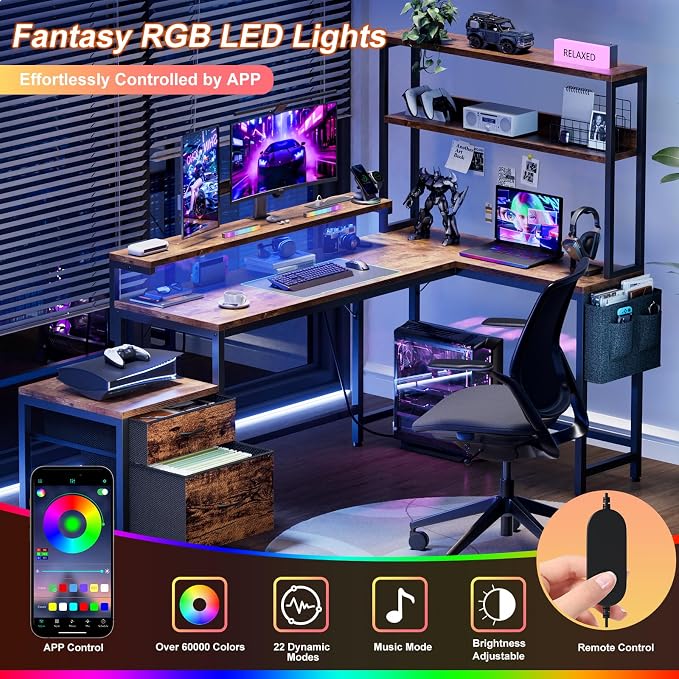 REAHOME 70 Inch L Shaped Desk with File Drawers and Reversible Storage Shelves, Computer Desk with Power Outlet & LED Strip, Home Office Desks, Writing Study Desk for Bedroom, Rustic Brown