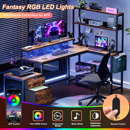 REAHOME 70 Inch L Shaped Desk with File Drawers and Reversible Storage Shelves, Computer Desk with Power Outlet & LED Strip, Home Office Desks, Writing Study Desk for Bedroom, Rustic Brown