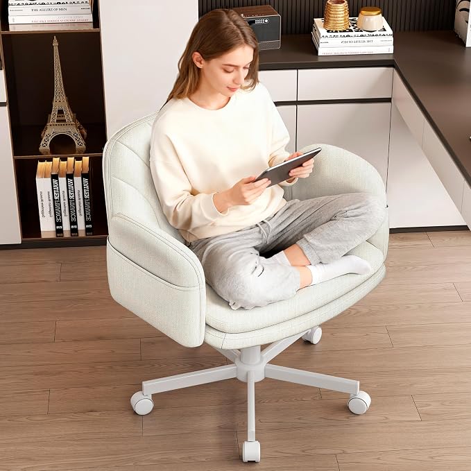 Vonesse Criss Cross Office Chair with Wheels & Armrests, Height Adjustable Vanity Chair, Makeup Chairs with Side Pockets Design, Comfortable Computer Desk Chairs for Home (Linen Fabric,White)