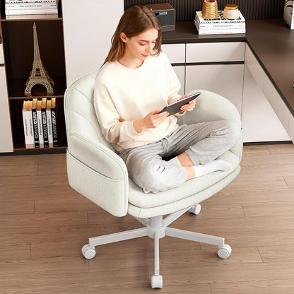 Vonesse Criss Cross Office Chair with Wheels & Armrests, Height Adjustable Vanity Chair, Makeup Chairs with Side Pockets Design, Comfortable Computer Desk Chairs for Home (Linen Fabric,White)