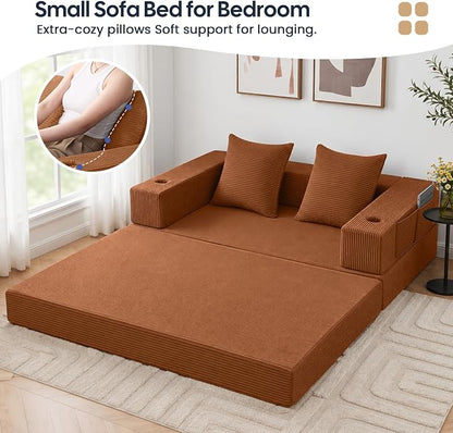 COMAX Futon Sofa Bed, 4‑in‑1 Convertible Sofa Bed, Folding Boneless Couches | Boneless Couch for living room, Fold Out Small Foldable Loveseat Floor Sleeper Mattress Lounge Space‑Saving, Orange