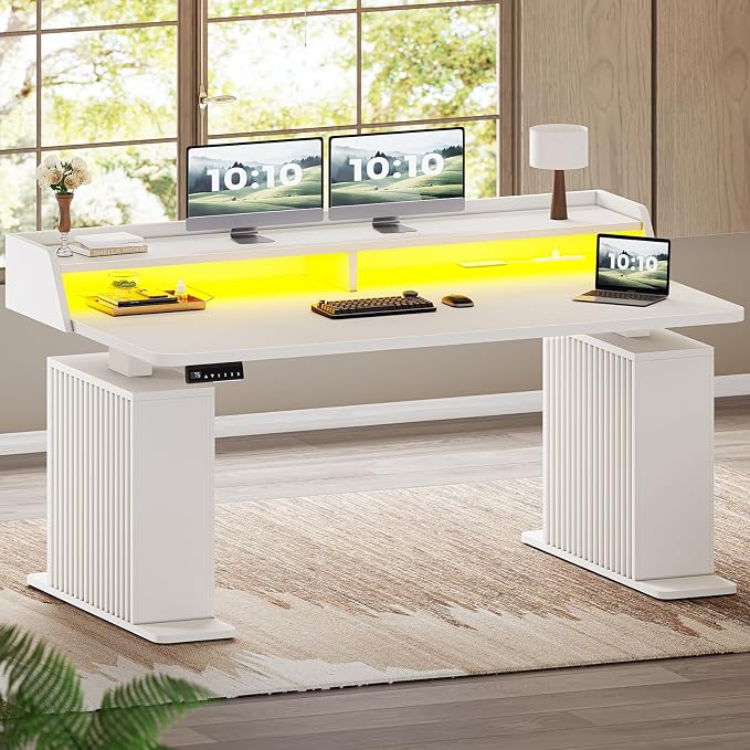 SEDETA Standing Desk with Storage, 55" Fluted Stand Up Desk with Power Outlets & LED Lights, Height Adjustable Table with Monitor Shelf for Home Office, Gaming, White