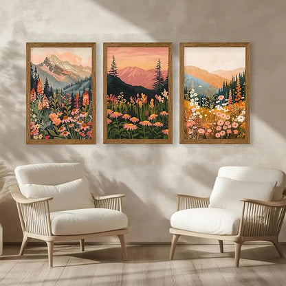 ICHZUMW Framed Boho Abstract Landscape Mountain and Floral Canvas Wall Art Set of 3, Colorful Nature Botanical Paintings Artwork, Large Wildflower Wall Decor for Living Room Bedroom Office, 20x30in