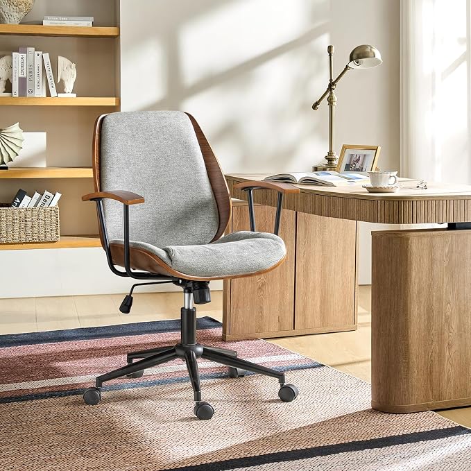 Modern Ergonomic Office Chair with Wood Frame & Metal Base, Swivel Home Office Desk Chairs with Adjustable Height, Comfy Upholstered Computer Chair, Grey
