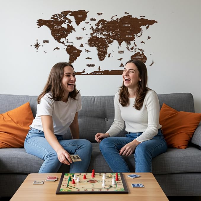 Colorfull Worlds, Multilayer 3D Wooden World Map, Travel Map States and Capitals, Wall Decor For New House, Gift For Travelers, Office Decor, Birthday Present, Living Room Decoration (2XL,Light Brown)