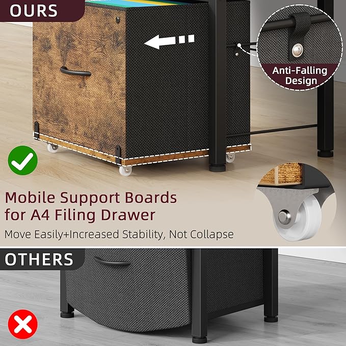 HIGDBFE 2-Drawer File Cabinet with Printer Stand&Dual Shelves, Rustic Brown | 2-Tier Printer Storage, Letter File Drawer, Reversible Side Bag, Smooth Drawer Slides, Rolling Support Board