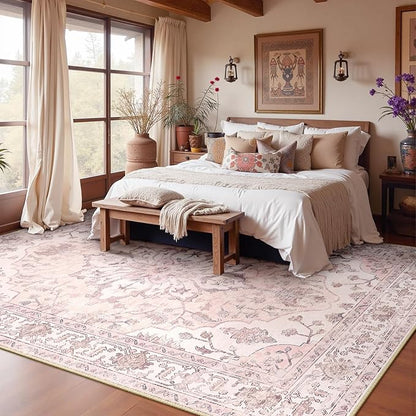RELEANY Area Rugs Large 10'x14' Washable Non-Slip, Floral Vintage Distress Medallion Carpet for Living Room Bedroom Dining Room, Pink Greypink Cute