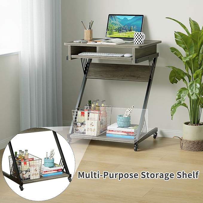 ALISENED 23.6" Z-Shaped Computer Desk for Small Spaces with Keyboard Tray, Wheels and Bottom Shelves, Compact Space-Saving Home Office Workstation, Grey