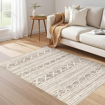 Nakagishi Area Rug Living Room Rugs: 4x6 Soft Machine Washable Boho Neutral Farmhouse Stain Resistant Moroccan Indoor Floor Carpet for Bedroom Nursery Kids Entryway Kitchen Bedside Home- Dark Brown