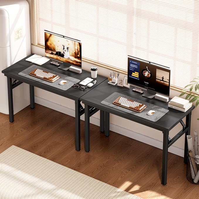 DlandHome Folding Desk for Small Spaces, 35.8'' Computer Desk Folding Table, Foldable Office Desk Computer Table Writing Workstation for Home Office, Study, Bedroom, No Assembly Required, Black&Black