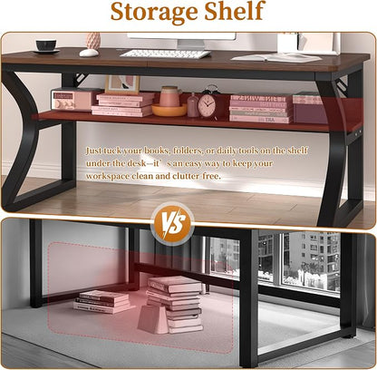 47 inch Computer Desk, Home Office Desk with Storage Shelf, Sturdy U-Shaped Metal Frame Study Table with Cable Management, Gaming Desk for Office & Bedroom (Deep Walnut, 47inch)