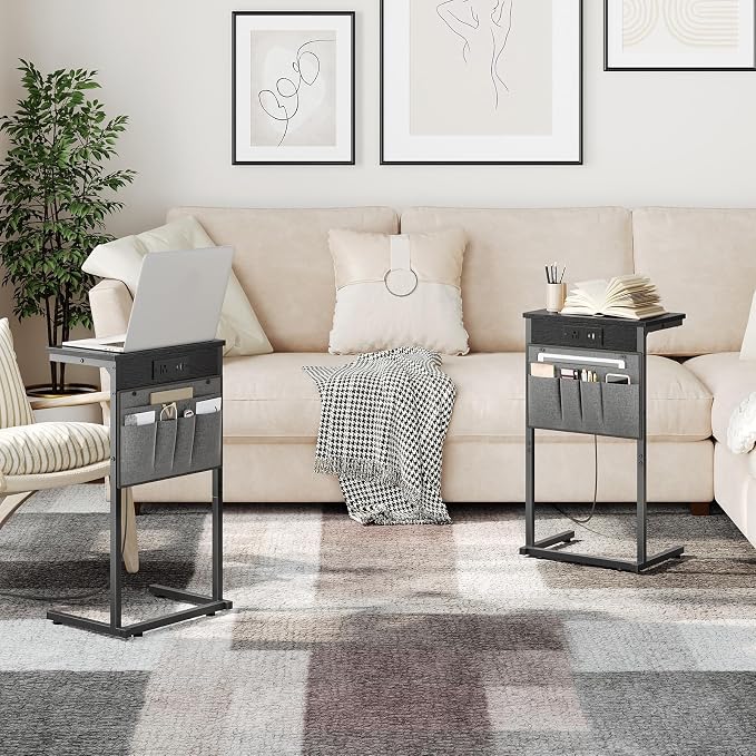 HOOBRO C Shaped End Table with Charging Station, 28" H Couch Side Table Slide Under, Sofa Arm Tray Table with Storage Bag for Living Room, Recliner, Black BB70USF01