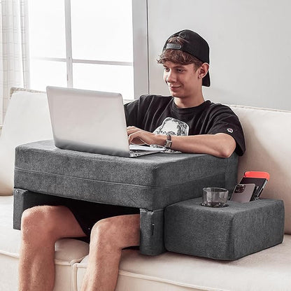 comehealthy Lap Desk Pillow for Laptop, Large Reading Pillow for Adult, Arm Rest Pillow with Cup Holder, Memory Foam Bed Desk for Working, Gaming, Reading, Laptop Desk for Couch Bed Floor(Grey)