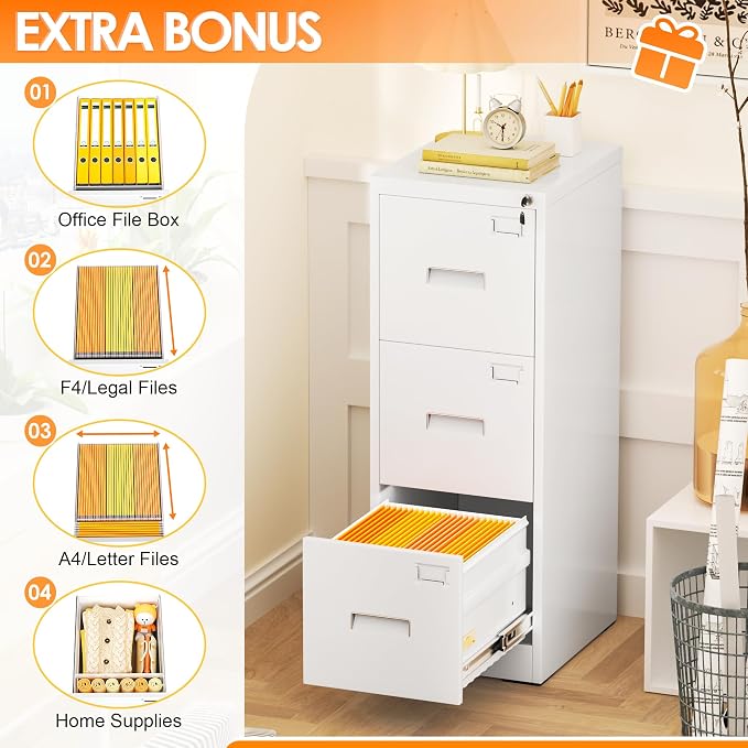 INTERGREAT 3 Drawers File Cabinet with Lock, 18" D Metal White Vertical Filing Cabinet for Hanging Folders, Easy Assemble
