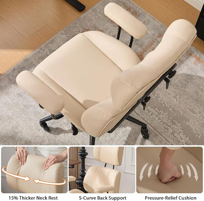 E-Motie Ergonomic Leather Office Chair, Computer Desk Chair, Beige | Adjustable Headrest, 360° Swivel & Rolling Wheels, Lumbar Support, Padded Arms, High Back, for Long Hours Sitting