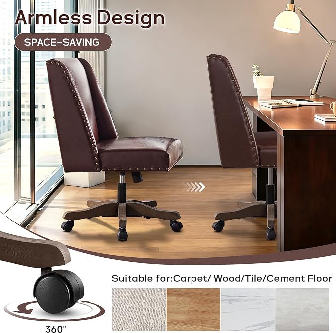 Zihanhome Armless Home Office Chair with Wooden Legs, Modern Leather Upholstered Office Desk Chair No Arms Sewing Chair Adjustable Swivel Desk Chair for Farmhouse Office Study Studio, Reddish