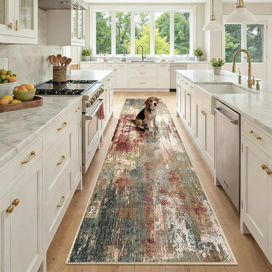 RELEANY Washable Area Rugs 2'6"x10 Non-Slip Modern Abstract Soft for Living Room Entryway Bedroom Kitchen, Print Pattern, Brown Rust Red Green Blue Multi
