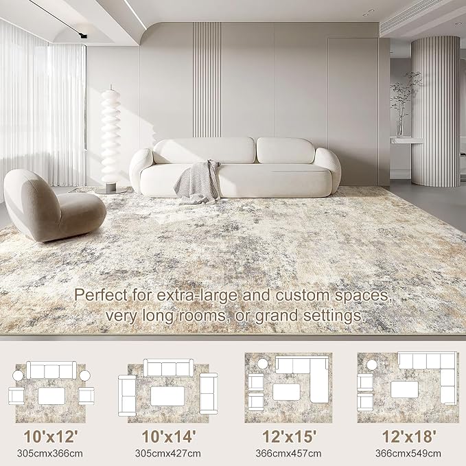 UERMEI 12x15 Area Rug Living Room Rugs - Washable Neutral Modern Abstract Soft Thin Large Rug Indoor Floor No Slip Rug Carpet for Bedroom Under Dining Table Home Office Decor - Golden Grey