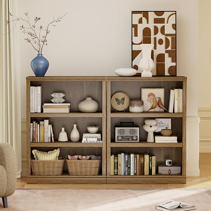 blini Wooden Bookshelf and Bookcase 3 Tier Double Wide Large Bookshelves Vintage Oak Wood Bookshelf with Storage Cabinets for Living Room, Home Office, Library (Vintage Oak, 3-Shelf)