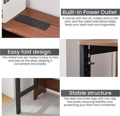 Fold Out Desk with Power Outlets, Small Foldable Table with Storage Shelf,Space-Saving Hidden Desk for Bedroom, Living Room & Office (Walnut)