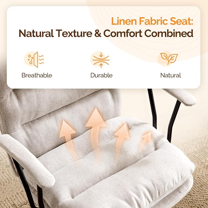 VINGLI Comfortable Office Desk Chairs with/No Wheels,Dual-Base,Removable Armrests,Adjustable Comfy Swivel Computer Task Nail Tech Chair for Office,Sewing,Makeup Vanity,Teen,Linen Fabric,Light Grey