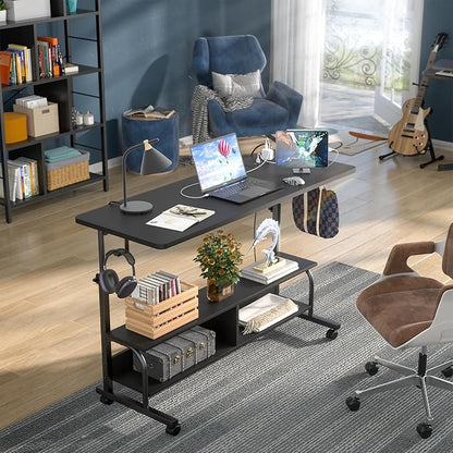 Armocity Rolling Standing Desk with Charging Station, Portable Height Adjustable Mobile Computer Desk with Wheels & 2-Tier Shelves & Hooks, Easy Assembly Laptop Table for Couch Bed, 47" Black