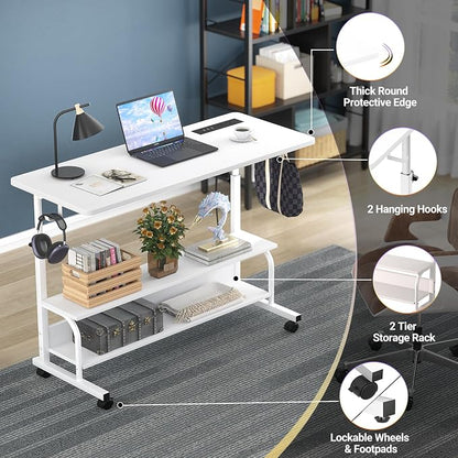 Armocity Rolling Standing Desk with Charging Station, Portable Height Adjustable Mobile Computer Desk with Wheels & 2-Tier Shelves & Hooks, Easy Assembly Laptop Table for Couch Bed, 39" White
