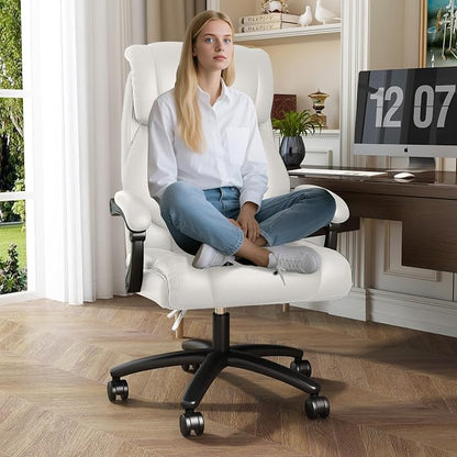 Ollega Big and Tall Reclining Executive Office Chair, 400lbs Leather, White | Breathable waterproof desk chair for home office; 92°-138° recline for back pain relief; wide seat for cross-legged sitting