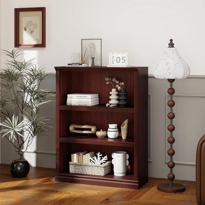 blini 3-Shelf Bookcase Wooden Bookshelves 33in Wide Floor Standing Display Storage Shelves Mahogany Bookcase for Home Office, Living Room, Bedroom