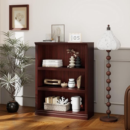 blini 3-Shelf Bookcase Wooden Bookshelves 33in Wide Floor Standing Display Storage Shelves Mahogany Bookcase for Home Office, Living Room, Bedroom