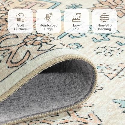 Lofus Vintage Living Room Rugs 8x10, Soft Machine Washable Area Rug for Bedroom Indoor Floor Home Office House Decor, Oriental Traditional Distressed Farmhouse Carpet, Boho Beige and Orange