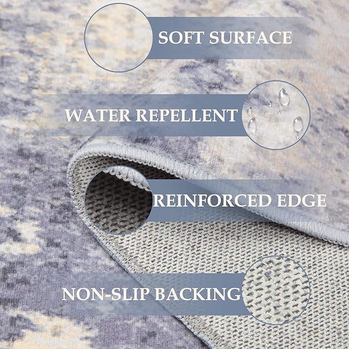 RELEANY Washable Area Rugs 6'x8' Non-Slip Modern Abstract Soft for Living Room Entryway Bedroom Kitchen, Print Pattern, Purple Grey Cream Yellow