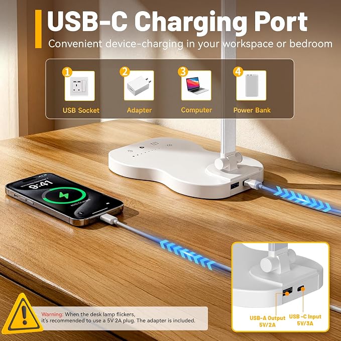 LED Desk Lamp with USB Charging Port, 5 Color Modes 10 Brightness, Dual Swing Arm Dimmable Desk Lamps for Home Office Nail Dorm (White)