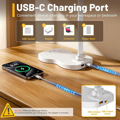 LED Desk Lamp with USB Charging Port, 5 Color Modes 10 Brightness, Dual Swing Arm Dimmable Desk Lamps for Home Office Nail Dorm (White)