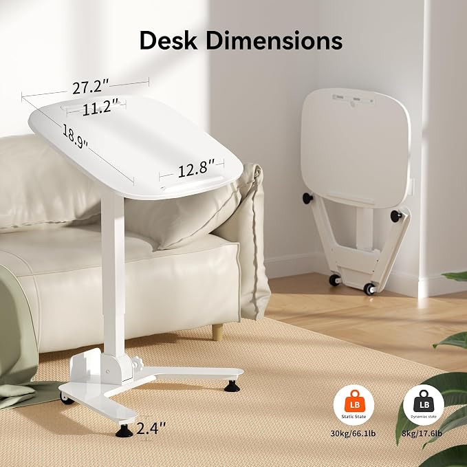 WALKINGDESK Foldable Pneumatic Height Adjustable Mobile Standing Desk with 90° Tiltable Tabletop, 27.2x18.9 Inch Portable Laptop Desk with Wheels, Holds Up to 66.1lbs for Home Office, Study, White